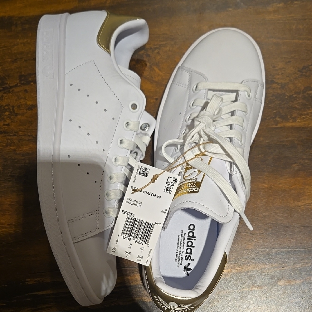 Adidas Gold and White Leather Sneakers with Perforated Design